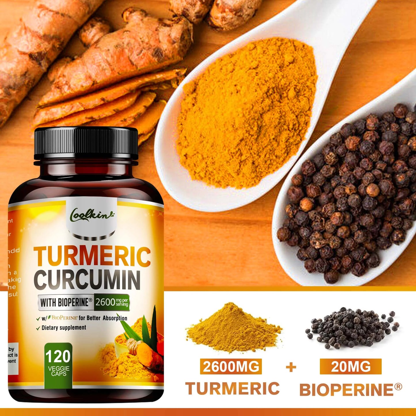 Coolkin Turmeric Curcumin 95 Percent Bioperine Joint Support Capsules