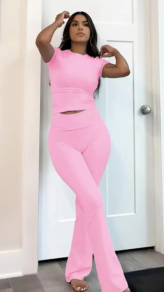 Womens Two Piece Yoga Set With Short Sleeve Top And Cuffed Flared Pants
