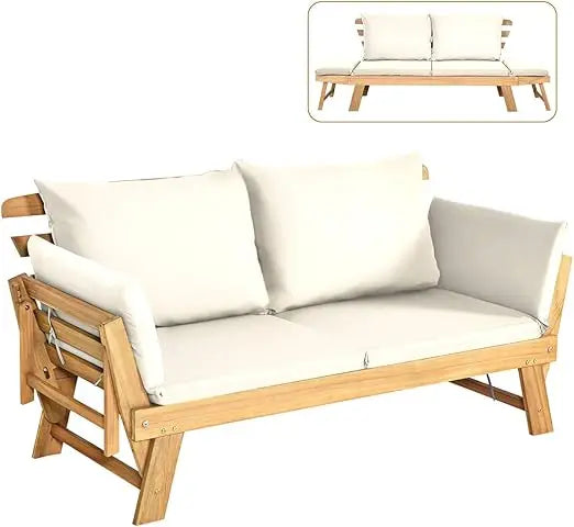 Convertible Acacia Wood Patio Couch Sofa Bed With Adjustable Armrest