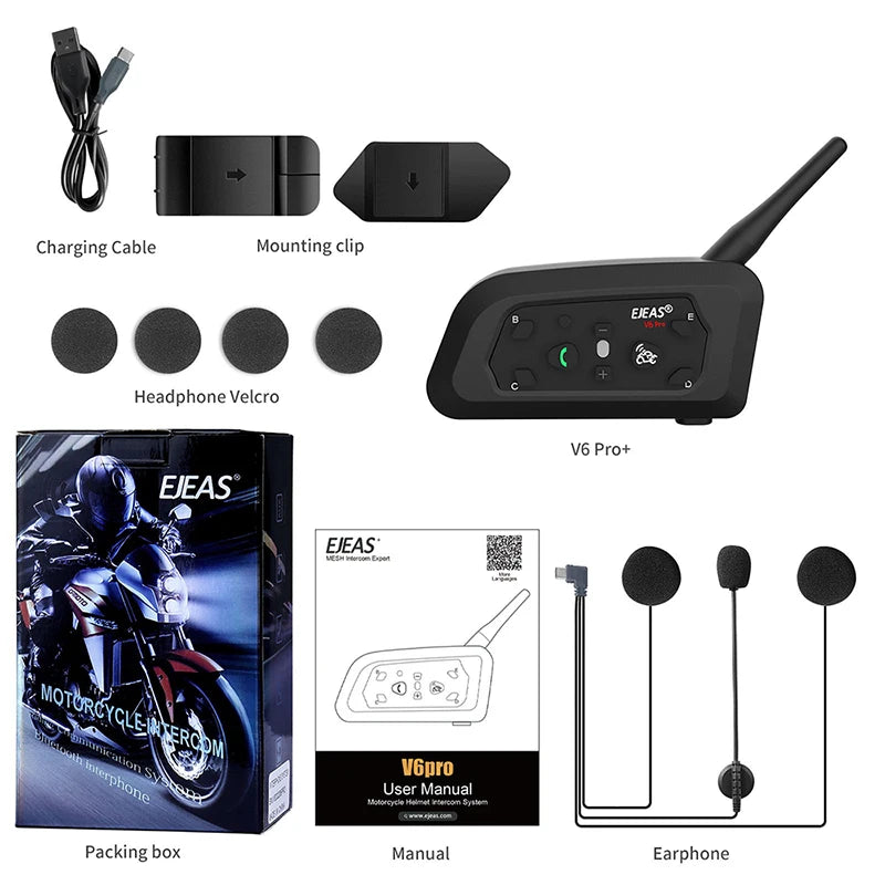 EJEAS V6PRO Motorcycle Intercom Headset Bluetooth 5.1 for 6 Riders