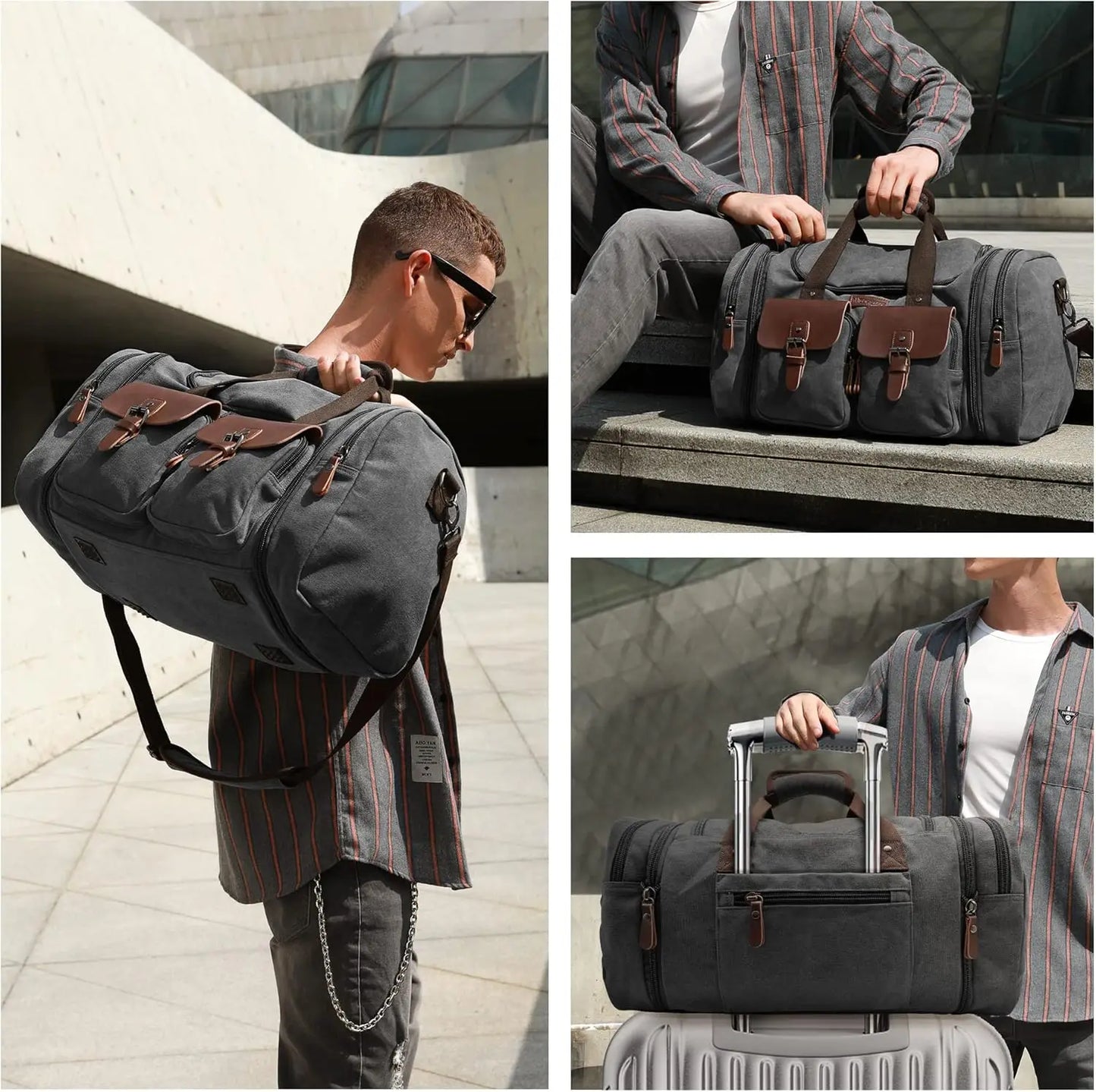 Expandable Canvas Leather Duffle Bag Waterproof Travel Weekender