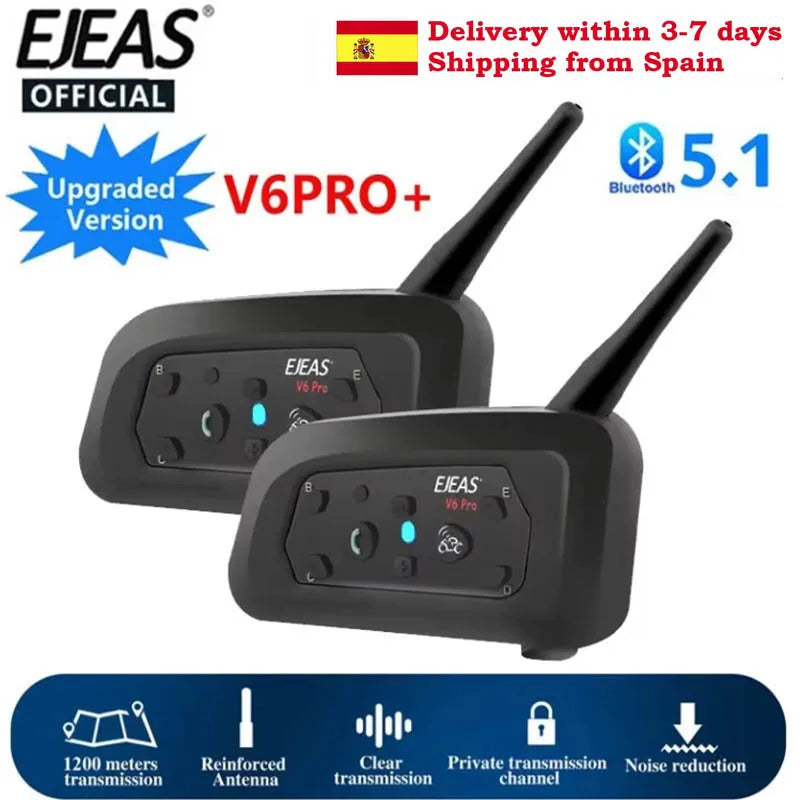 EJEAS V6PRO Motorcycle Intercom Headset Bluetooth 5.1 for 6 Riders