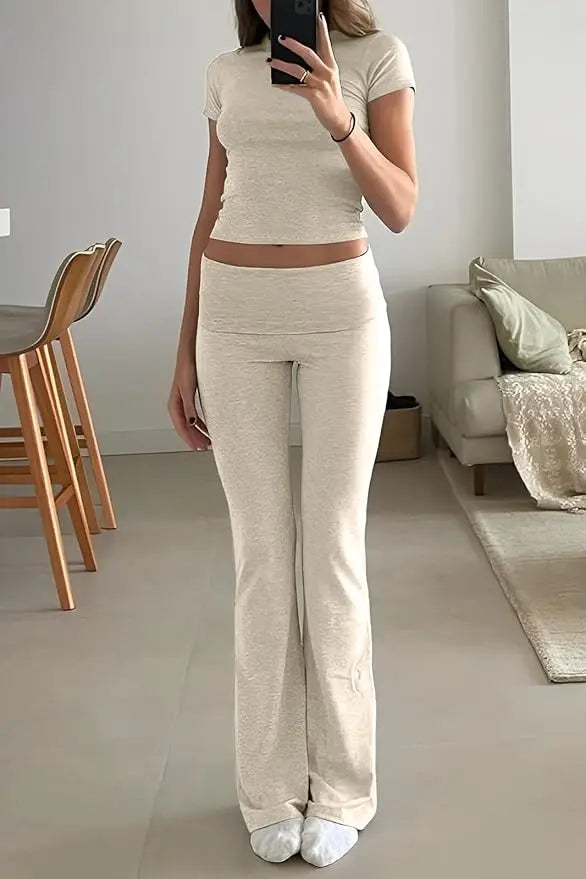 Womens Two Piece Yoga Set With Short Sleeve Top And Cuffed Flared Pants