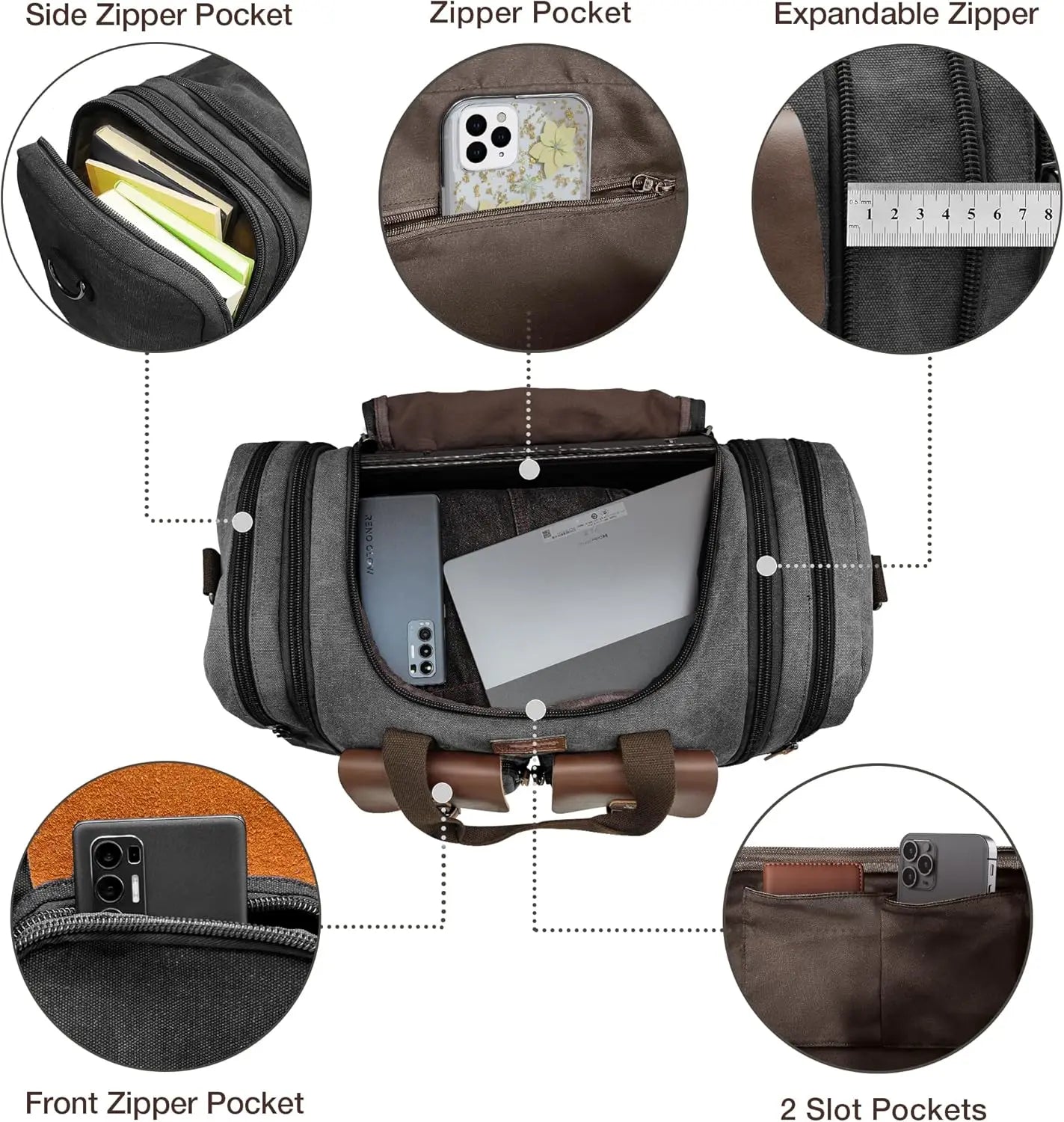 Expandable Canvas Leather Duffle Bag Waterproof Travel Weekender