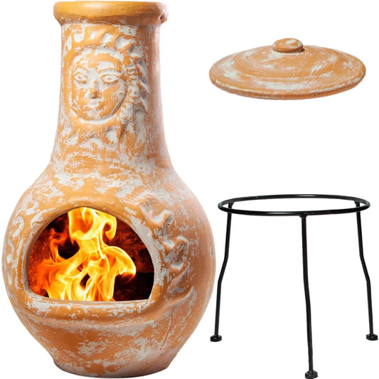Clay Chiminea Outdoor Fireplace with Chimney Lids and Stands