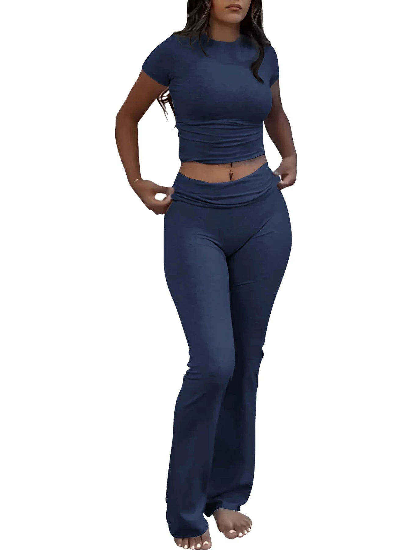 Womens Two Piece Yoga Set With Short Sleeve Top And Cuffed Flared Pants