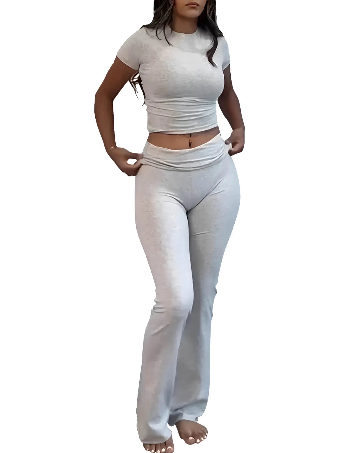 Womens Two Piece Yoga Set With Short Sleeve Top And Cuffed Flared Pants