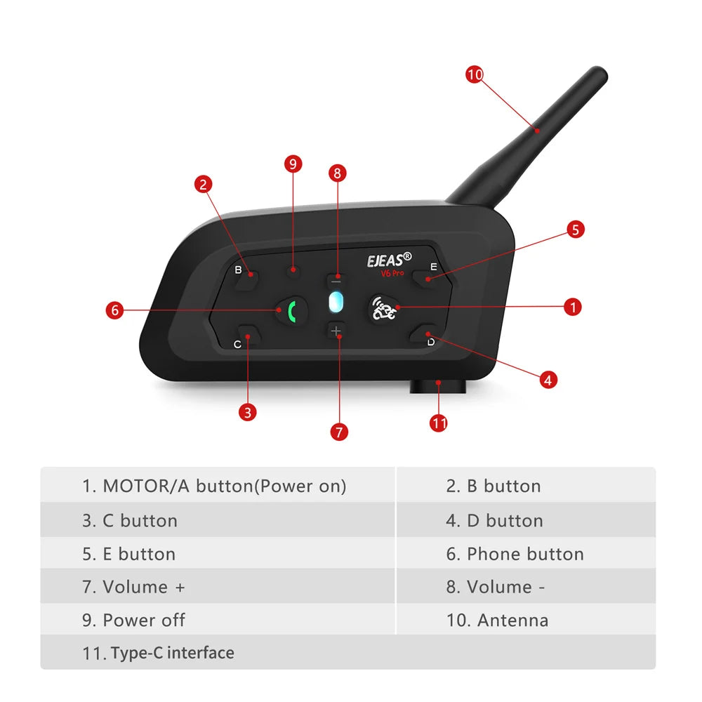 EJEAS V6PRO Motorcycle Intercom Headset Bluetooth 5.1 for 6 Riders