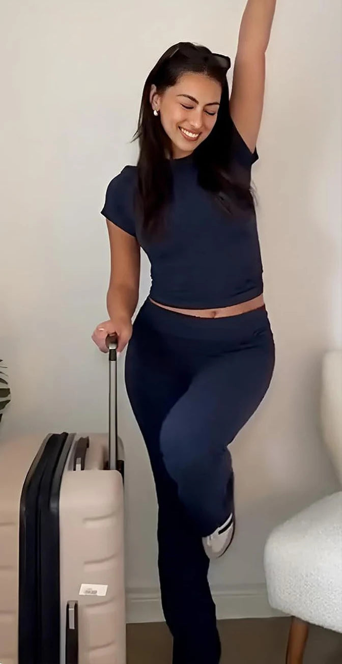 Womens Two Piece Yoga Set With Short Sleeve Top And Cuffed Flared Pants