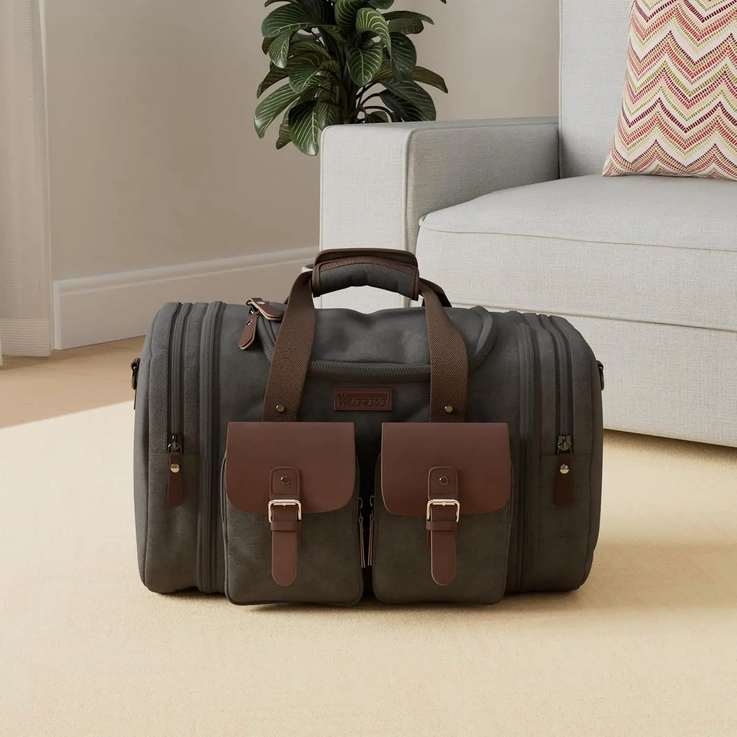 Expandable Canvas Leather Duffle Bag Waterproof Travel Weekender