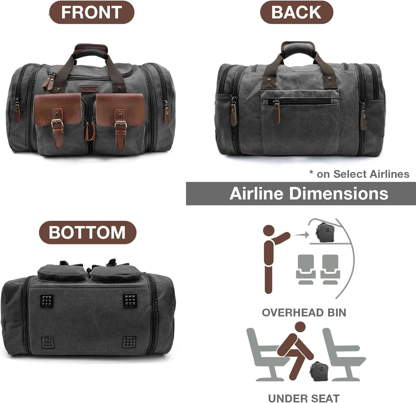 Expandable Canvas Leather Duffle Bag Waterproof Travel Weekender