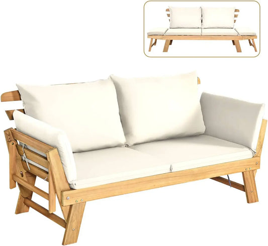 Convertible Acacia Wood Patio Couch Sofa Bed With Adjustable Armrest