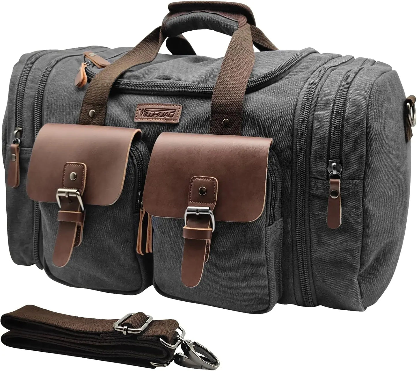 Expandable Canvas Leather Duffle Bag Waterproof Travel Weekender