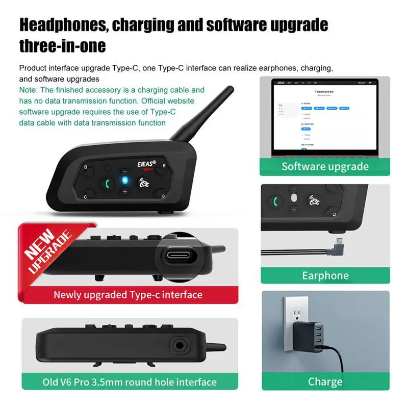 EJEAS V6PRO Motorcycle Intercom Headset Bluetooth 5.1 for 6 Riders