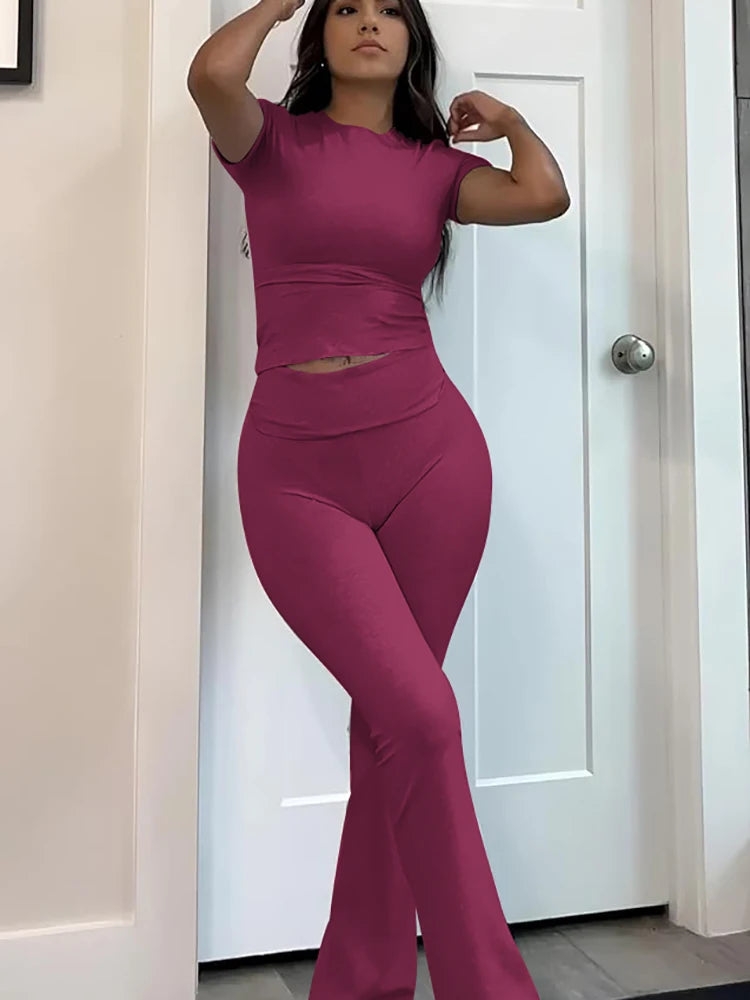 Womens Two Piece Yoga Set With Short Sleeve Top And Cuffed Flared Pants